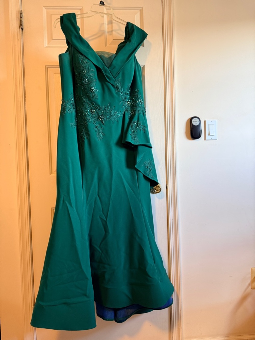 Terani Couture Emerald Green Off-Shoulder Embellished Maxi Gown